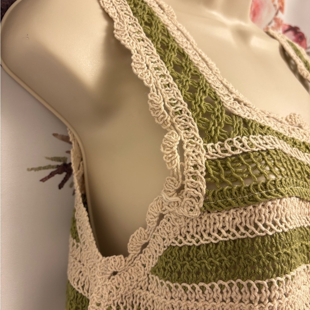 New small Green and Cream Crochet Tank Top - Picture 3 of 7